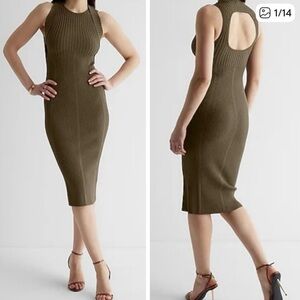 Express Olive Ribbed Midi Dress with Open Back